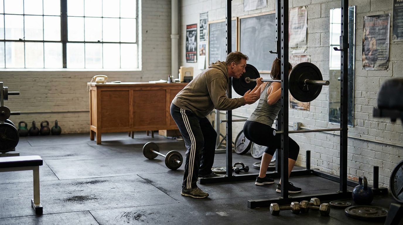 Gym owner coaching a member at a squat rack while the front desk phone sits unanswered in the background