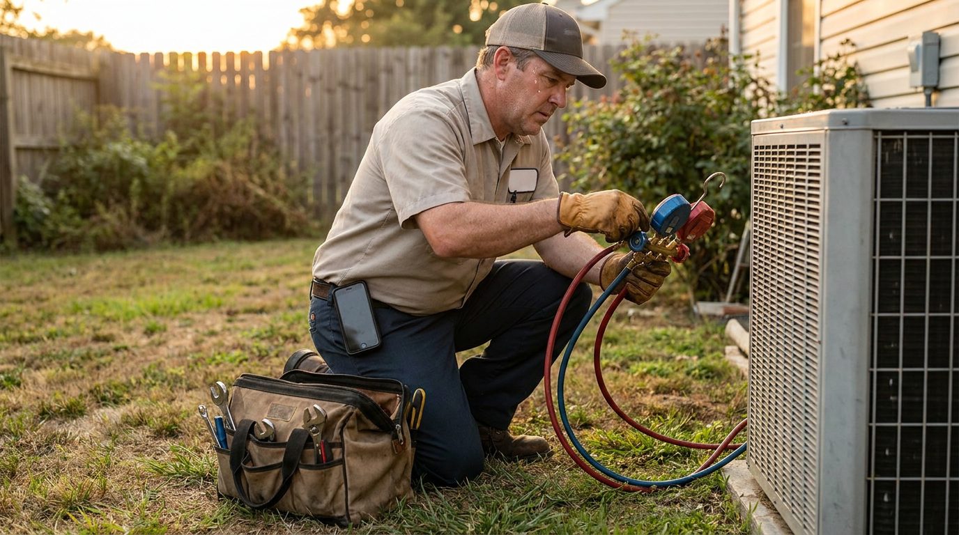 HVAC technician kneeling at a condenser unit with gauge hoses in both hands, phone on his belt going unanswered