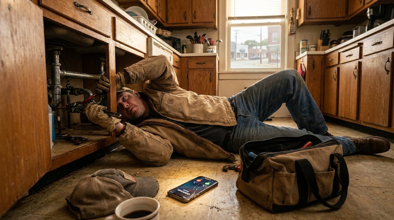 Plumber under a kitchen sink with both hands on the pipes while his phone rings unanswered on the floor beside him